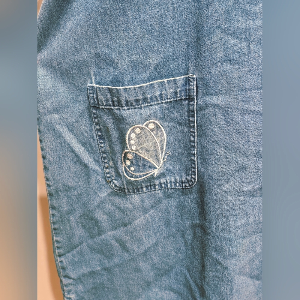 Vintage C.B. Casual Blue Denim Chambray Shift Dress Embroidered Butterflies - Picture 5 of 8